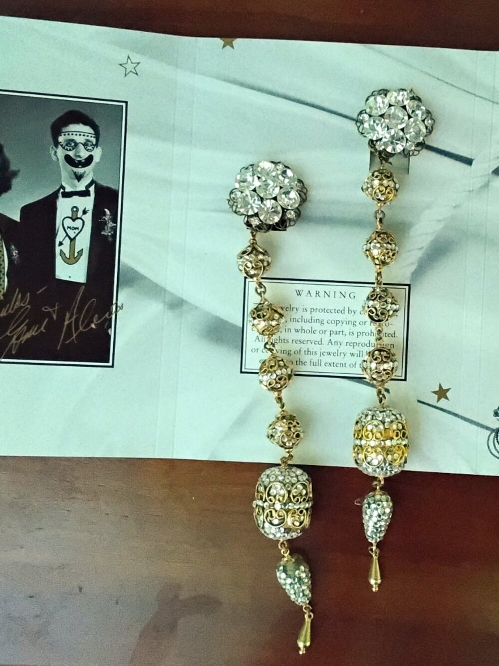 Lunch at the Ritz 1996 extr long gold crystal ball dangle clip earrings